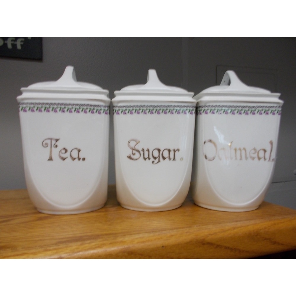 Vintage Germany Porcelain Canister Set 3pc Tea Sugar Oatmeal White Floral 168
